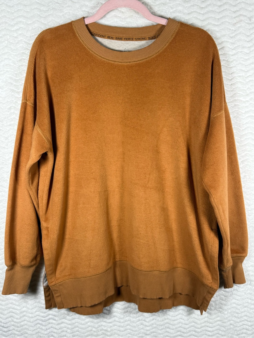 Aerie Fuzzy Fleece Side Slit Oversized Sweatshirt in a rust orange color